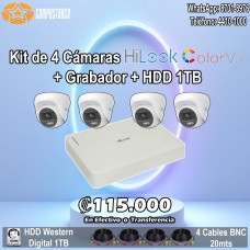 Kit de Cámaras de Seguridad HiLook ColorVu + Grabador 4ch+ HDD 1TB